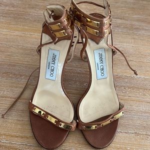 Jimmy Choo Brown Leather Gold Strappy Ankle Tie Sandal Heel Size 37